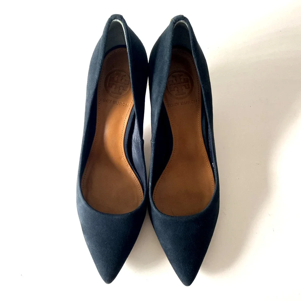 Tory Burch Ivy Low Heel Suede Pump Navy Point Toe Logo Heel Slip On 6 M